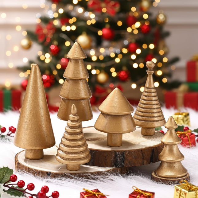 6PCS Mini Wooden Christmas Trees Gold Rustic Tabletop DIY Craft Decor
