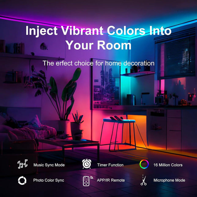 100ft RGB LED Strip Lights – Music Sync, Bluetooth, App & Remote Control