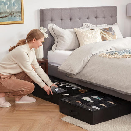 2 Pack Under Bed Shoe Storage Organizer, 24 Pairs, Clear Cover, Foldable Bags