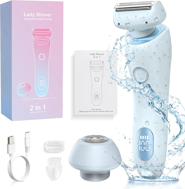 2-in-1 Electric Shaver for Women – Waterproof Bikini & Body Razor, Removable Head