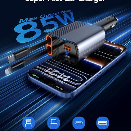 85W 4-in-1 Retractable Car Charger – 2.6ft Cables, USB C + A, Compatible with iPhone