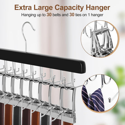 Wooden Belt & Tie Hanger – 2-in-1 Closet Organizer, 20 Hooks, 30 Items