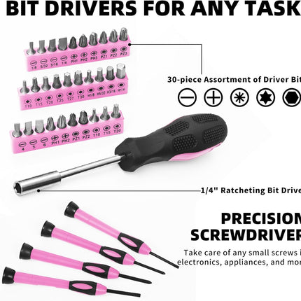 58 Piece Pink Home Tool Kit with Toolbox Storage Case Household Hand Tools