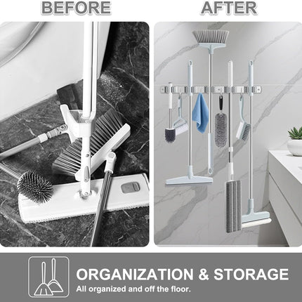 Broom Holder Wall Mount – 5 Racks, 4 Hooks Heavy Duty Storage Organizer