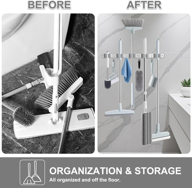 Broom Holder Wall Mount – 5 Racks, 4 Hooks Heavy Duty Storage Organizer