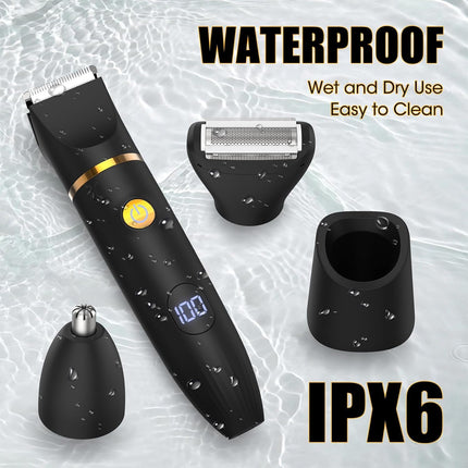3-in-1 Body Trimmer Men, Waterproof Grooming Kit with Nose & Groin Trimmer, LED Display