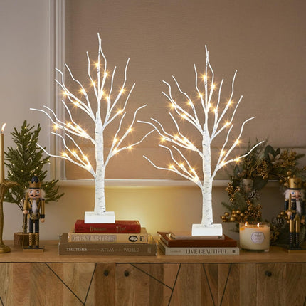 Easter Birch Tree with LED Lights – 2PK, Warm White Light, Battery Powered, Timer