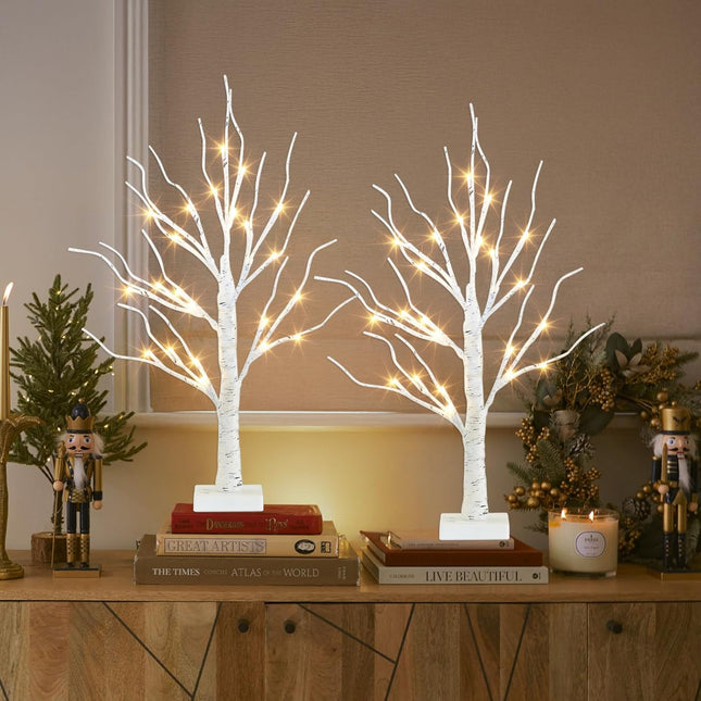 Easter Birch Tree with LED Lights – 2PK, Warm White Light, Battery Powered, Timer