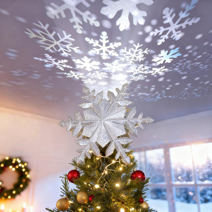 Christmas Tree Topper Silver Snowflake Projector, LED Rotating Snowflake Holiday Magic