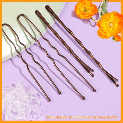 300pcs Hair Pins & Bobby Pins Set 100 Brown Pins 100 Hair Pins 100 Hair Bands