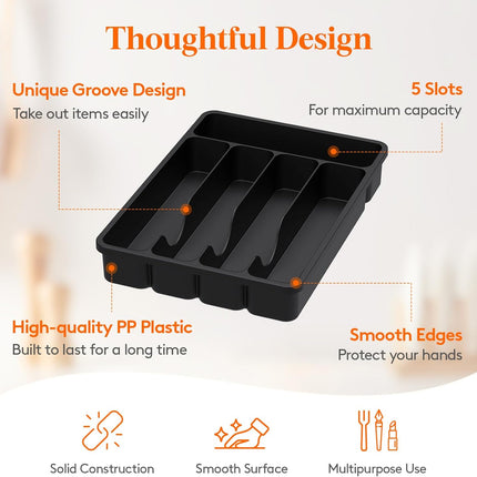 Silverware Drawer Organizer, 5 Slot Plastic Cutlery Tray for Kitchen, Black