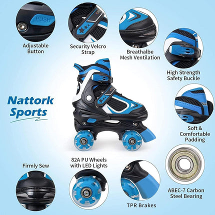 Adjustable Kids Roller Skates for Boys & Girls, Quad Skates with Light-Up Wheels, 4 Sizes