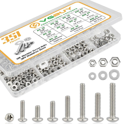 351Pcs Machine Screws, Nuts & Bolts Assortment Kit – #6-32, #8-32, #10-24, Stainless Steel