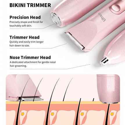 2-in-1 Bikini Trimmer for Women, Dual-Head Waterproof Rechargeable Shaver, Pink