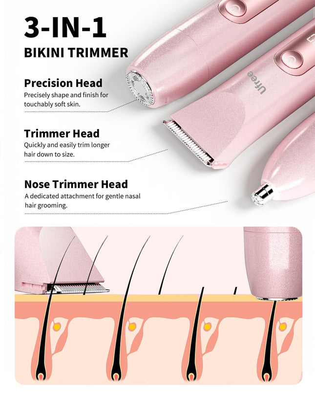 2-in-1 Bikini Trimmer for Women, Dual-Head Waterproof Rechargeable Shaver, Pink