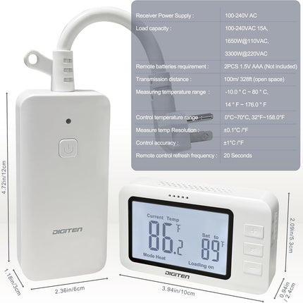 Wireless Thermostat Outlet – Remote Control, 1800W, Heating & Cooling