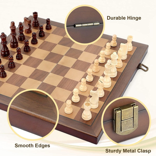 Magnetic Wooden Chess Set 15 Inch Folding Travel Board with Handmade Pieces