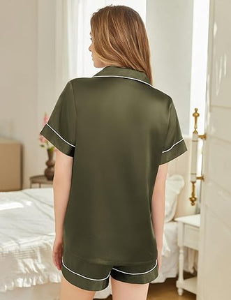 Silk Pajamas Women 2PC Satin Shorts Set Button Down Sleepwear S-XXL