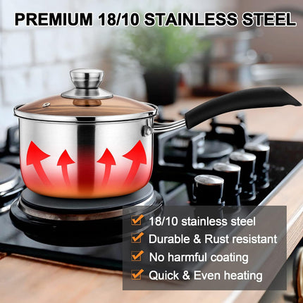 1QT Stainless Steel Saucepan with Lid, Induction Ready, Stay-Cool Handle