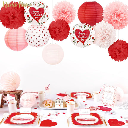 12 PCS Valentine’s Day Decorations: Pink & Red Love Pom Poms and Lanterns Set