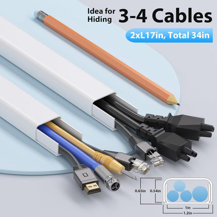 34in (2x17in) TV Cord Hiders – PVC Cable Cover Kit with Adhesive for Wall-Mounted TVs, White