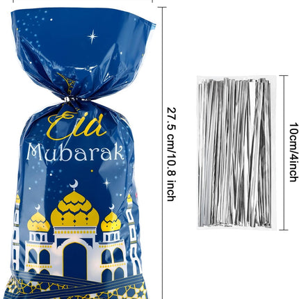 100 Pcs Eid Mubarak Gift Bags Blue Gold Clear Treat Bags with Twist Ties