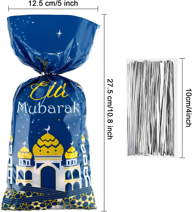 100 Pcs Eid Mubarak Gift Bags Blue Gold Clear Treat Bags with Twist Ties