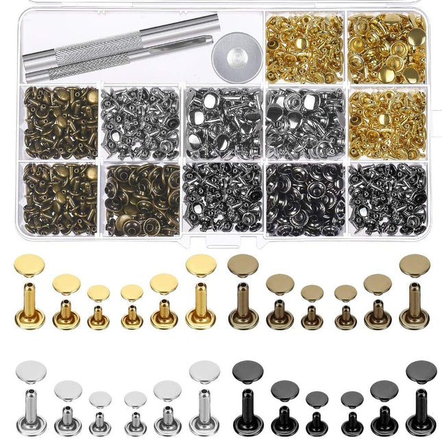 480 Sets Double Cap Leather Rivets Kit, 4 Colors, 3 Sizes with Setting Tools for DIY Crafts