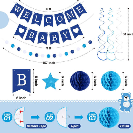 25Pcs Blue Baby Shower Decorations Set with Banner Swirls Honeycomb Balls