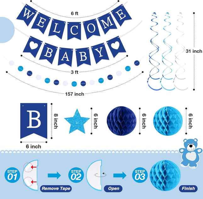 25Pcs Blue Baby Shower Decorations Set with Banner Swirls Honeycomb Balls