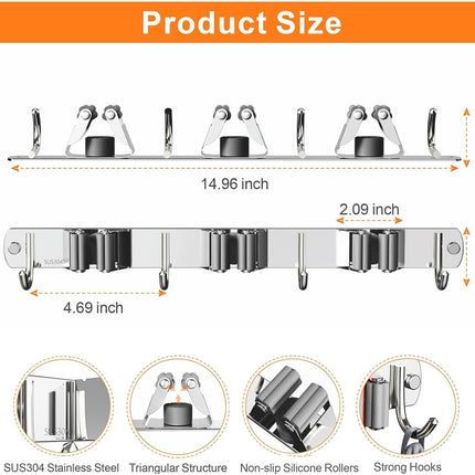 Mop & Broom Holder – Wall Mount Organizer with 3 Racks & 4 Hooks