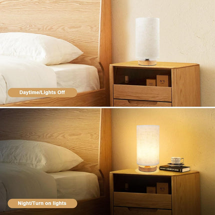 Minimalist Wood Base Lamp with Round Fabric Shade for Bedroom, Dorm, or Nursery