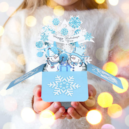 Christmas Pop Up Card – Blue Snowflake & Snowman Winter Holiday Greeting
