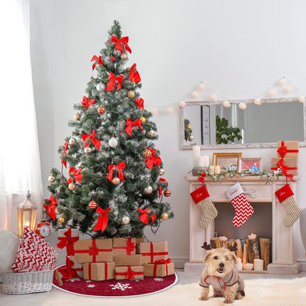 30" Red Burlap Christmas Tree Skirt – Rustic Snowflake Print Holiday Decor