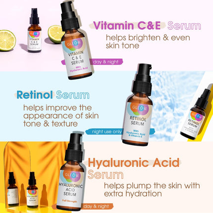 Retinol & Vitamin C Face Serum Set – Hyaluronic Acid, Glow & Hydration, 3x1oz