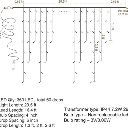 360 LED Christmas Icicle Curtain Lights – 29.5FT White Fairy String Lights