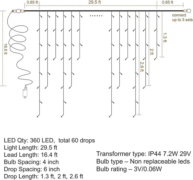 360 LED Christmas Icicle Curtain Lights – 29.5FT White Fairy String Lights