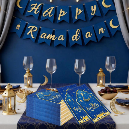 100 PCS Eid Mubarak Napkins – Blue & Gold, 2-Ply, Disposable Party Napkins