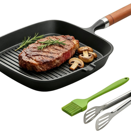 9" Cast Iron Grill Pan, Griddle Skillet with Kitchen Tongs & Cleaning Brush