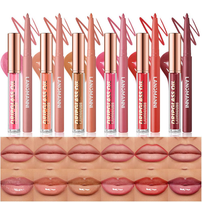 12PCS Lip Oil & Lip Liner Set Long Lasting Gloss Tinted Lip Makeup Kit