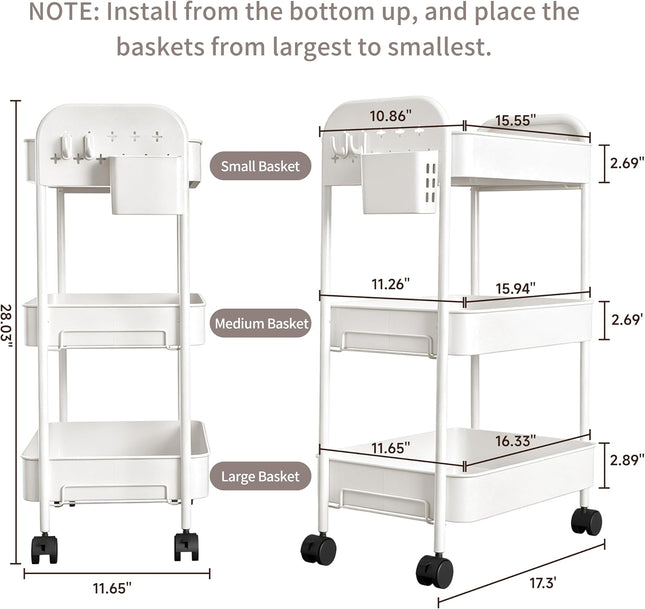 Heavy-Duty 3-Tier Metal Rolling Utility Cart with Casters, Hooks and Hanging Cups