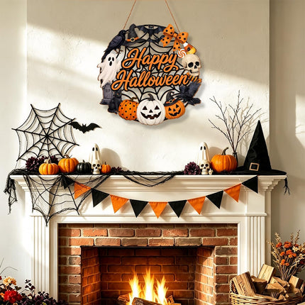 12x12in Halloween Wooden Wreath, Ghost Pumpkin Black Cat Happy Halloween Door Decor