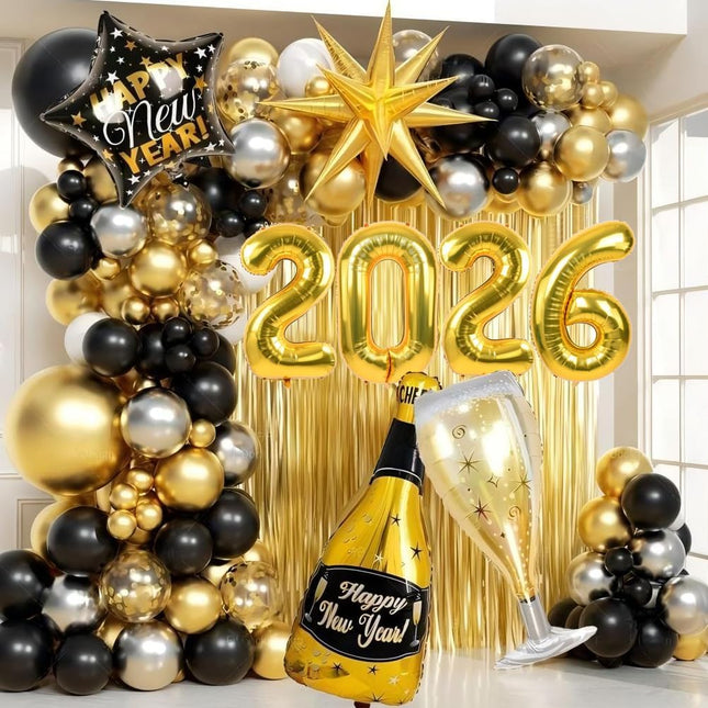 Happy New Year 2026 Balloon Garland Kit – Black & Gold Party Decorations