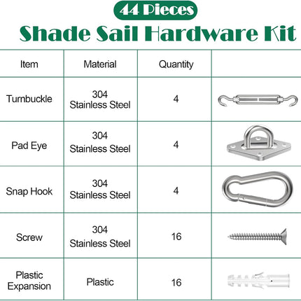 44PCS Shade Sail Fixing Kit – 5-Inch Stainless Steel for Triangle & Rectangle