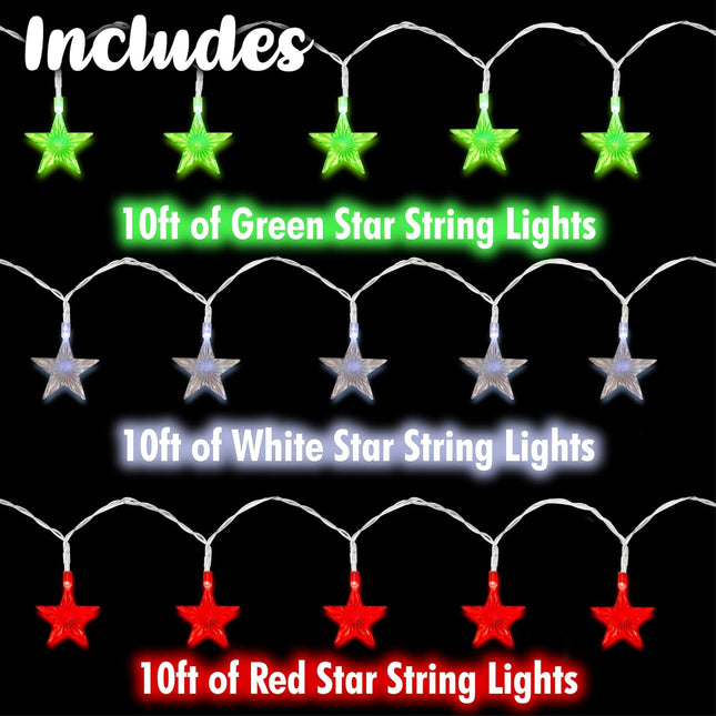 3 Pack Christmas Star String Lights 10FT 60 LED Red Green White Waterproof
