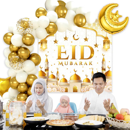 70 PCS Eid Mubarak Decorations – White & Gold Balloons, Moon & Star Foil