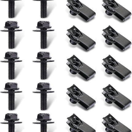 10 Sets M6-1.0 Automotive Body Bolts & U-Nut Clips, Rust-Resistant Car Fasteners