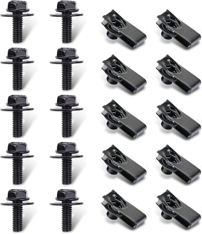 10 Sets M6-1.0 Automotive Body Bolts & U-Nut Clips, Rust-Resistant Car Fasteners