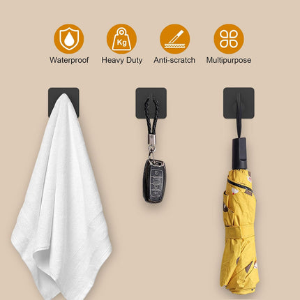6PCS Black Adhesive Wall Hooks, Waterproof Heavy Duty Towel Hooks for Shower
