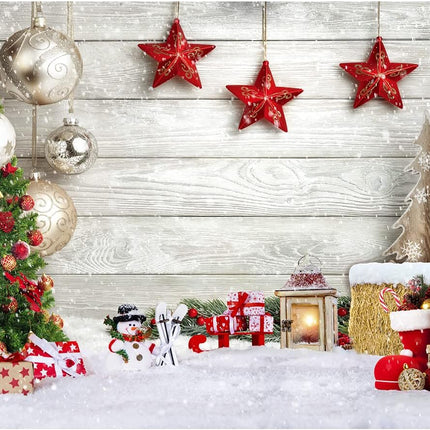Christmas Backdrop 7x5FT – White Wood Floor with Snowflakes & Xmas Decor